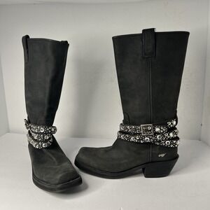 Sz 8 - ROCKET DOG Black Leather Silver Studded Rhinestone Buckle Biker Boots